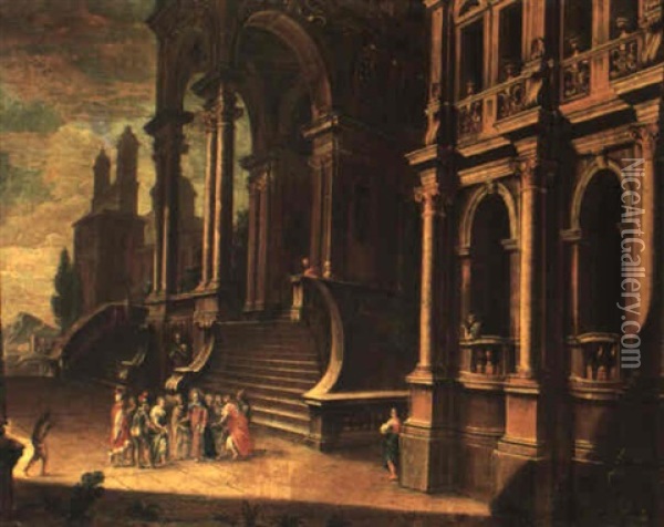 Capriccio With Christ And The Woman Taken In Adultery Oil Painting - Pietro Francesco Garoli