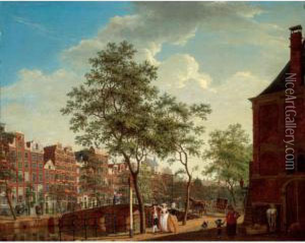 Amsterdam A View On The 
Keizersgracht From The Westermarkt With The 
Westerhal On The Right Elegant Figures 
Conversing In The Foreground With Other Figures 
And A Horse-drawn Carriage C Oil Painting - Isaak Ouwater