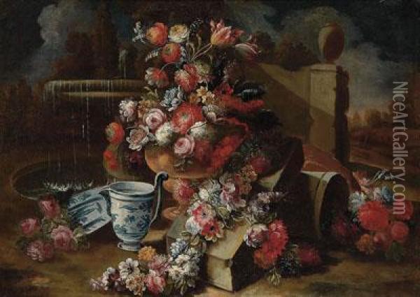 Jarron Con Flores Y Ceramica En Un Jardin Oil Painting - Giuseppe Lavagna