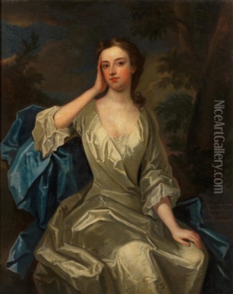 Portrait Of A Lady, Said To Be Anne, Countess Of Sunderland, Three-quarter Length, Seated Before A Landscape Oil Painting - Godfrey Kneller