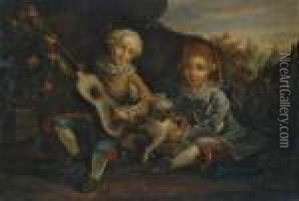 Zwei Kinderdoppelbildnisse. 1. Zwei Knaben Mit Einem Schosshund Und Einer Gitarre. Oil Painting - Francois-Hubert Drouais