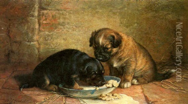 Puppies Drinking Milk Oil Painting - John Fitz Marshall