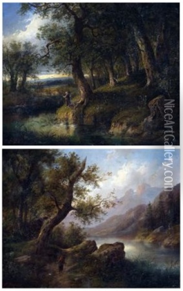 Figure In River Landscape And Lakeland View (2 Works) Oil Painting - Eduard Boehm