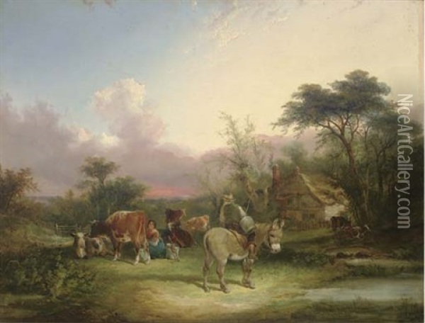 Milking The Cows Before A Cottage At Sunset (collab. W/charles Shayer) Oil Painting - Charles Shayer