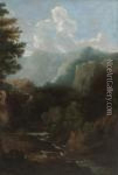 An Italianate Wooded River 
Landscape With Figures Resting On A Bank, A Classical Building Above A 
Waterfall Beyond Oil Painting - Gaspard Dughet Poussin