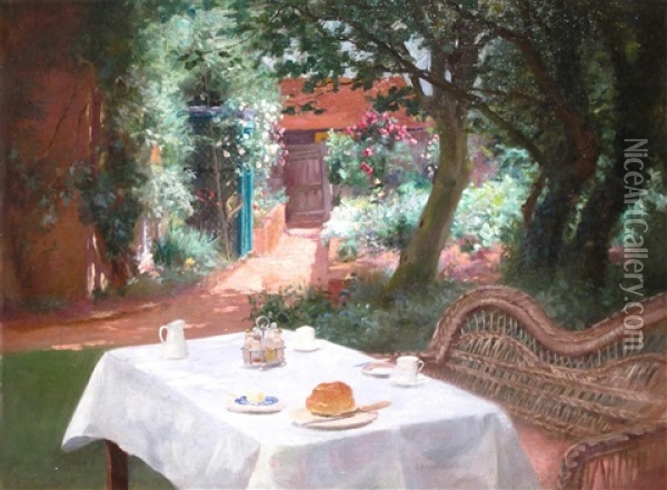 The White Tablecloth With A Small Oil Sketch Of A Landscape (2 Works) Oil Painting - John Shirley Fox