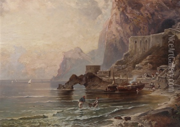 Capri, Marina Con Pescatori Oil Painting - Gaetano Jerace