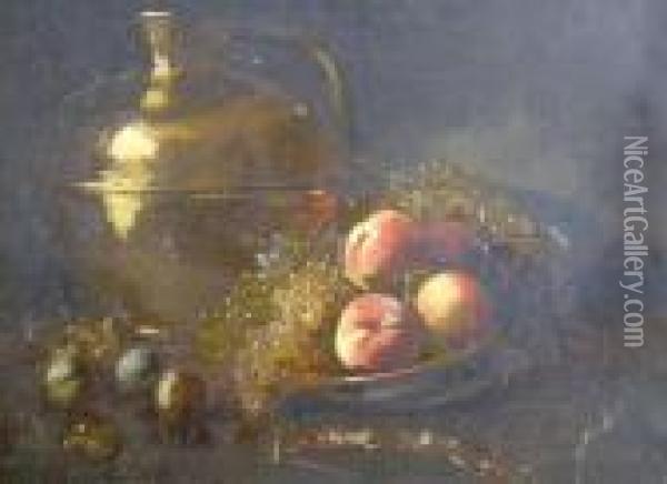 Still Life With Fruit And Brass Vessel Oil Painting - Alphonse de Neuville