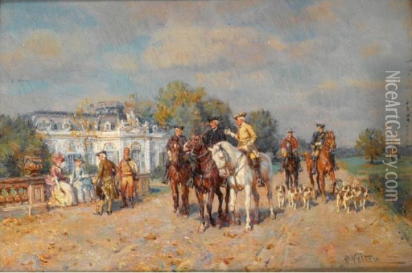 Elegant Hunters On Horse Back Oil Painting - Wilhelm Velten