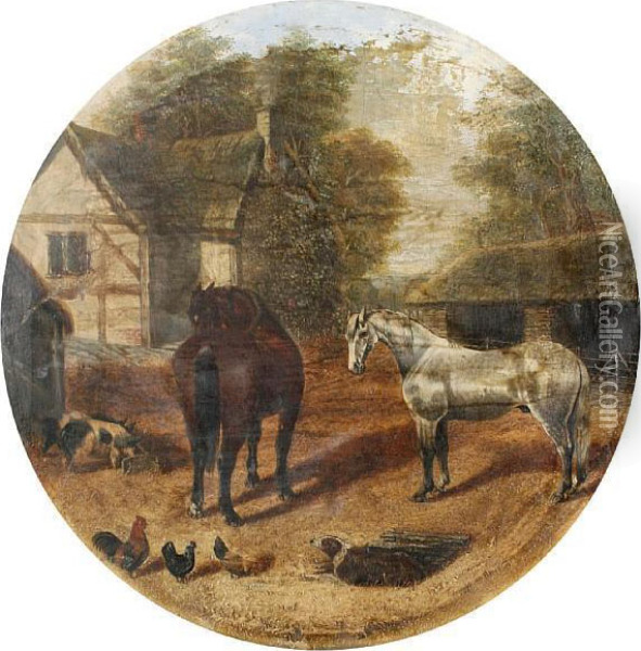 Horses In A Farmyard Oil Painting - B. Dayrell