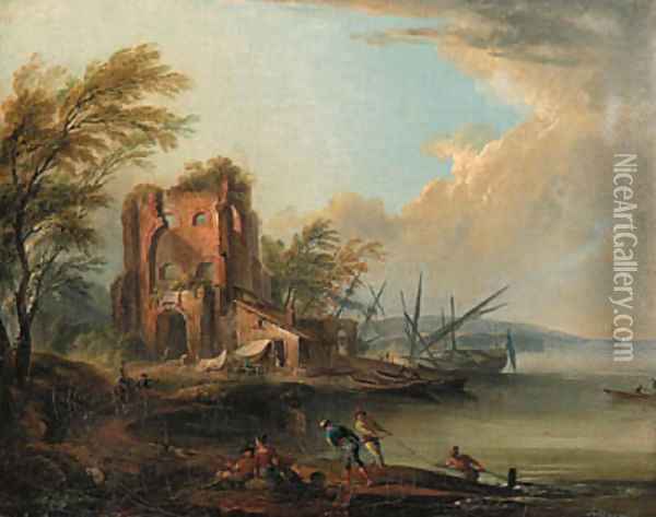 A coastal landscape with fishermen and beached boats by a farmhouse Oil Painting - Jean-Baptiste Lallemand