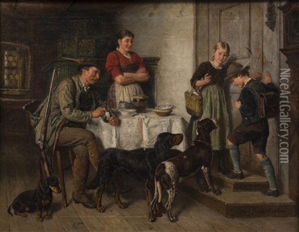 Family Of A Bavarian Hunter Oil Painting - Adolf Eberle