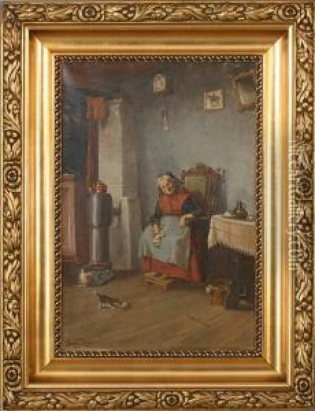 Kitchen Interior With A Woman And A Kitten Oil Painting - Olaf Simony Jensen