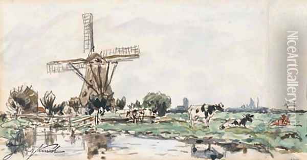 Un moulin en Hollande, des vaches dans un champ au premier plan Oil Painting - Johan Barthold Jongkind