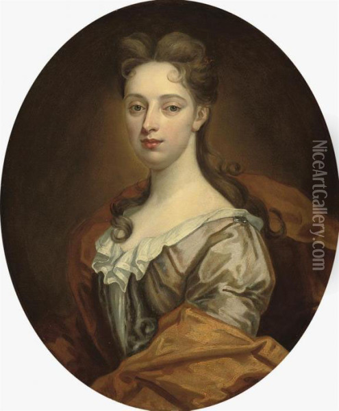 Portrait Of A Lady, Bust-length, In A Blue Dress And Ochrewrap Oil Painting - Sir Godfrey Kneller