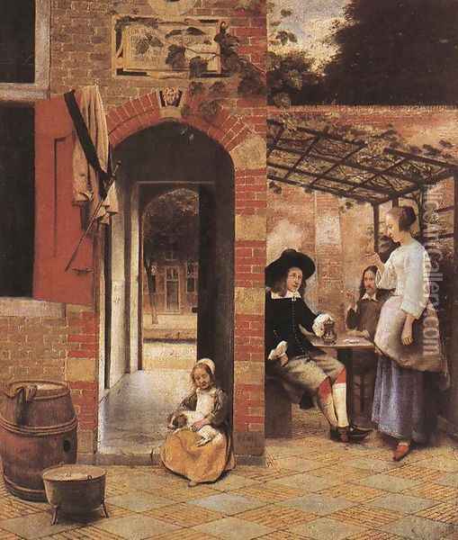 Figures Drinking in a Courtyard Oil Painting - Pieter De Hooch