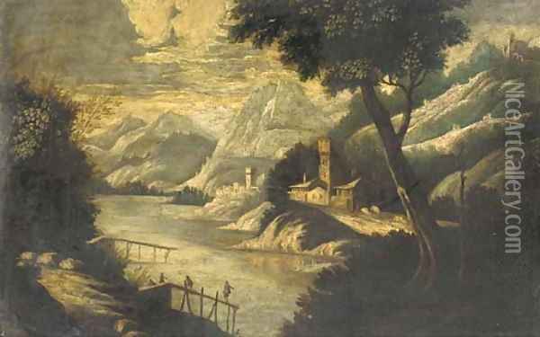 A mountainous river landscape with figures on a pier and fortified towns beyond Oil Painting - Paul Bril