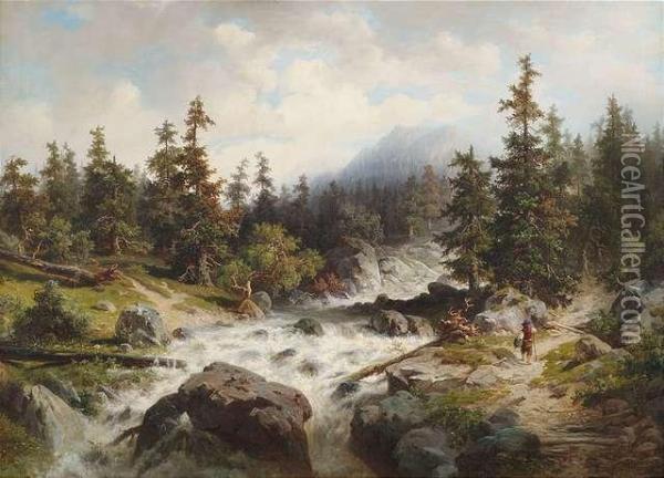 Mountainous Landscape With A Torrent. Oil Painting - Wilhelm Brandenburg