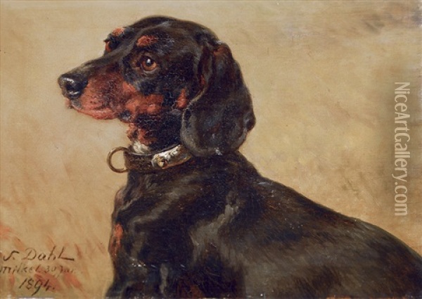 Portrait Of A Dachshund Oil Painting - Siegwald Johannes Dahl