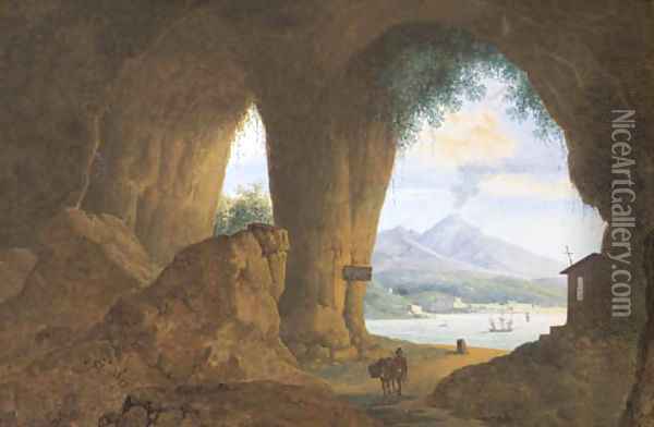 A traveller with his donkey near the Pansilippe, the Vesuvius in the distance Oil Painting - Mattheus Derk Knip