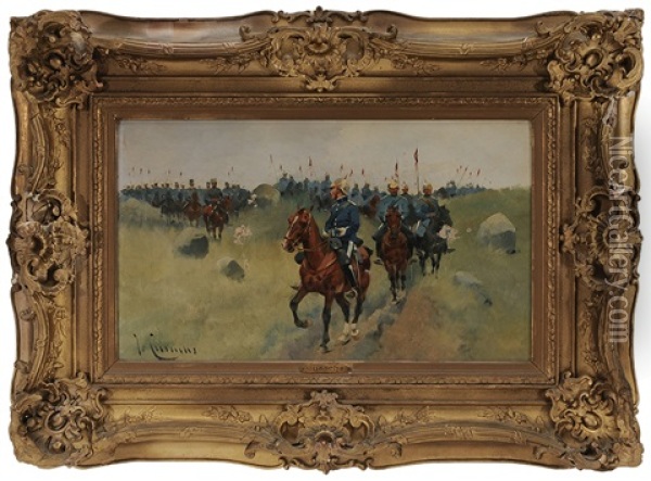 Two Cavalry Regiments On A Hilltop Oil Painting - Josep (Jose) Cusachs y Cusachs