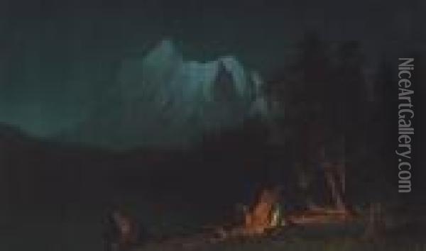 Mountainous Landscape By Moonlight Oil Painting - Albert Bierstadt