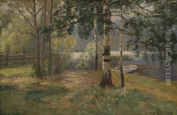 Innsjo Med Pram Oil Painting - Andreas Singdahlsen