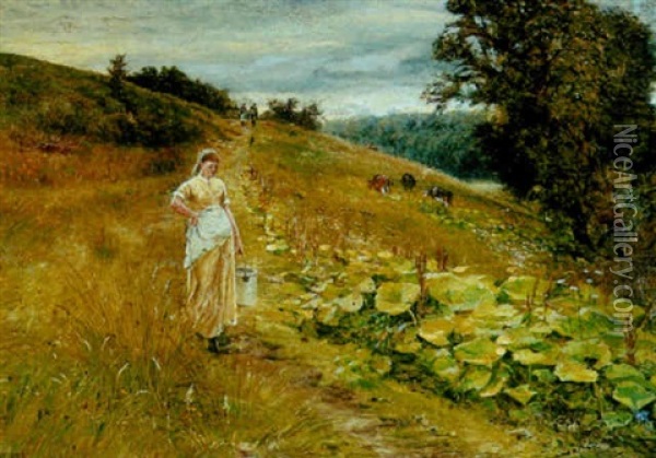A Rolling Landscape With A Milkmaid By Dock Leaves Oil Painting - Robert Jobling