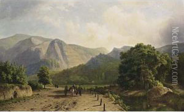 A Mountainous Landscape With Travellers On A Path Oil Painting - Georg Andries Roth