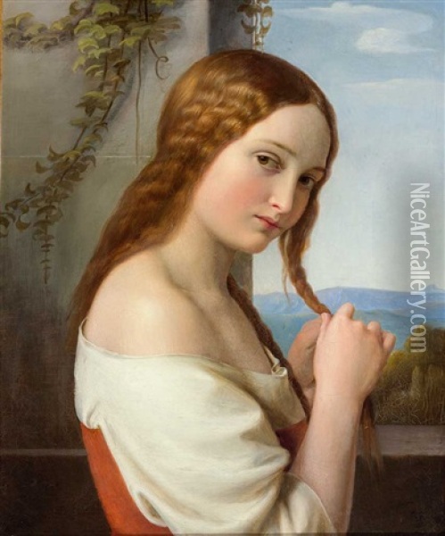 Portrait Eines Madchens Mit Direktem Blick Zum Betrachter Und Weitem Landschaftsausschnitt Oil Painting - Louis Ammy Blanc