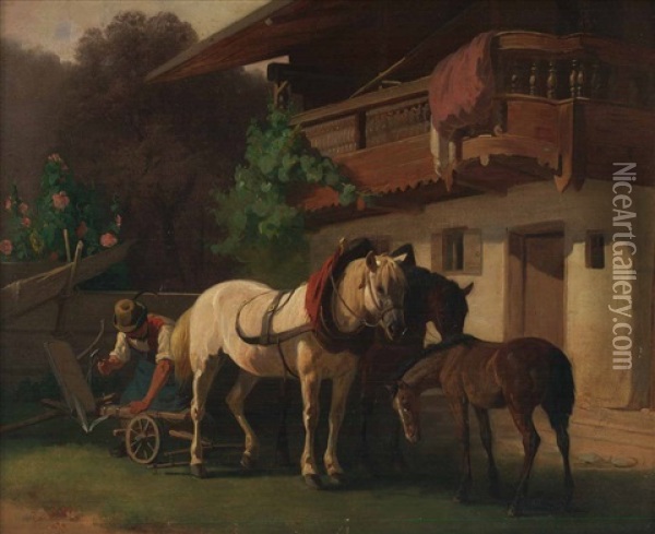 Bauer Beim Montieren Des Pferdepflugs Oil Painting - Ludwig Gustav Voltz