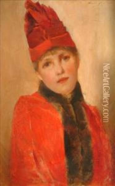 Portrait Ofa Girl In Red Oil Painting - George L. Seymour