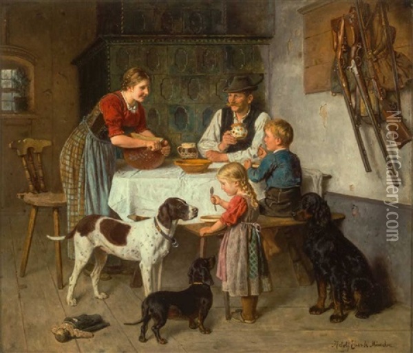 Der Jager Mit Seiner Familie Um Den Tisch Versammelt Beim Abendbrot Oil Painting - Adolf Eberle