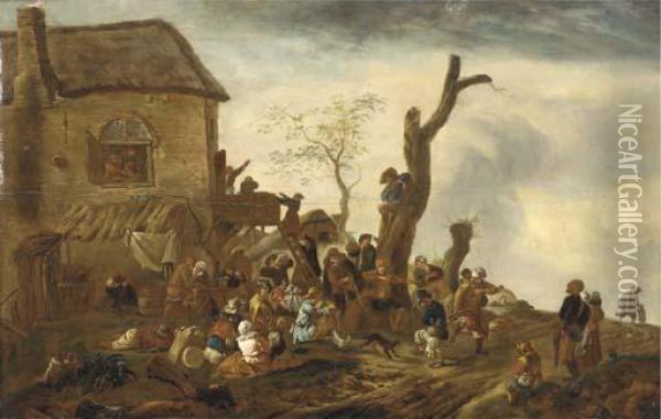Peasants Making Merry By A Cottage Oil Painting - Pieter Wouwermans or Wouwerman