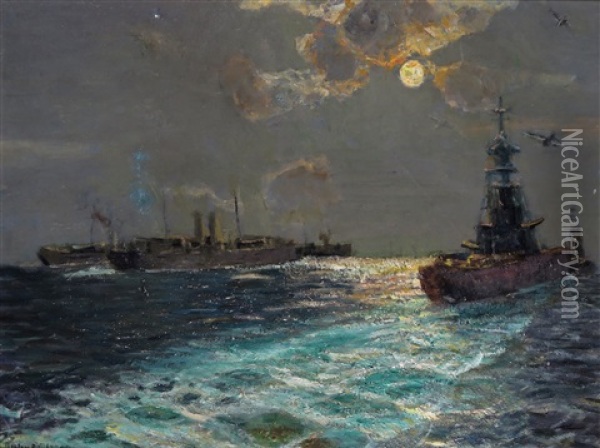 Warships In Moonlight Oil Painting - Julius Olsson