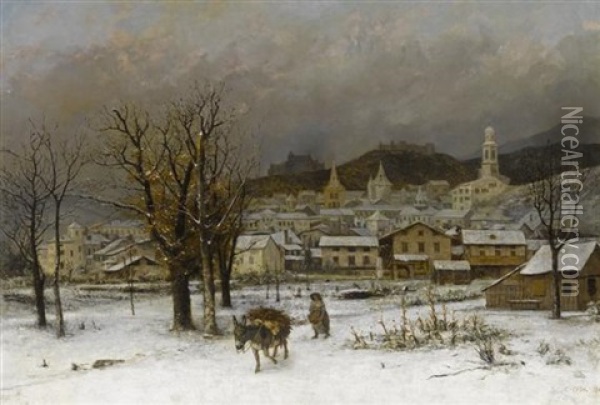 Winterlandschaft Mit Blick Auf Eine Schweizer Stadt Im Hintergrund (fribourg?) Oil Painting - Cherubino Pata