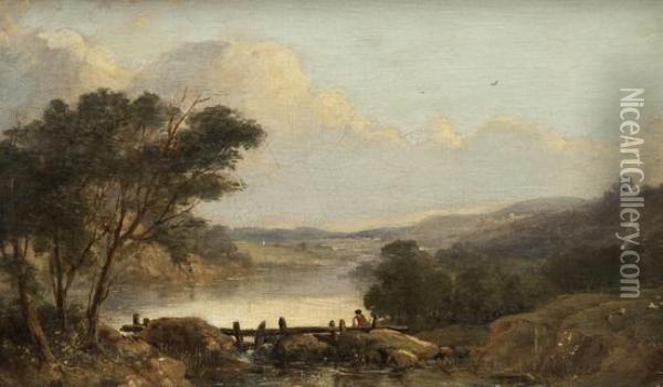 Landscape With Boy Sitting On A Weir Oil Painting - Frederick Bromley