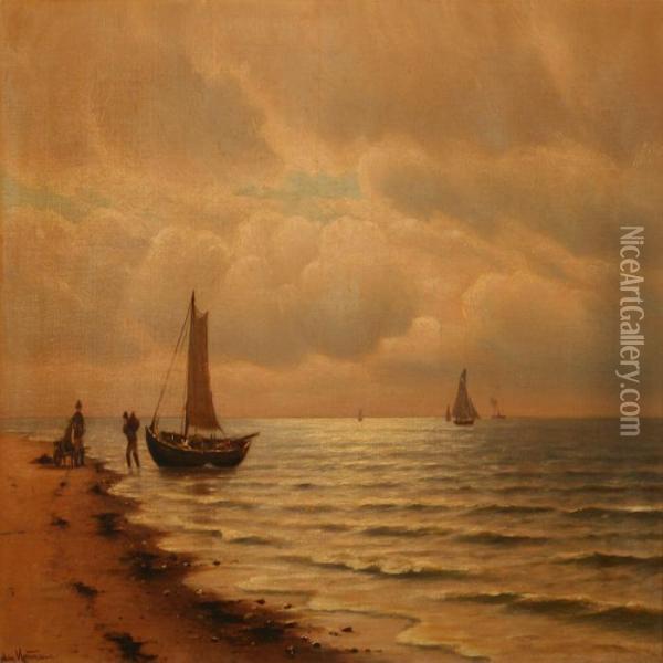 Coastal Scene With Fishermen And Their Catch Oil Painting - Johann Jens Neumann