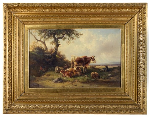 Rinder, Schafe Und Ein Ziegenbock Auf Der Weide Unter Einem Knorrigen Baum Oil Painting - Edmund Mahlknecht