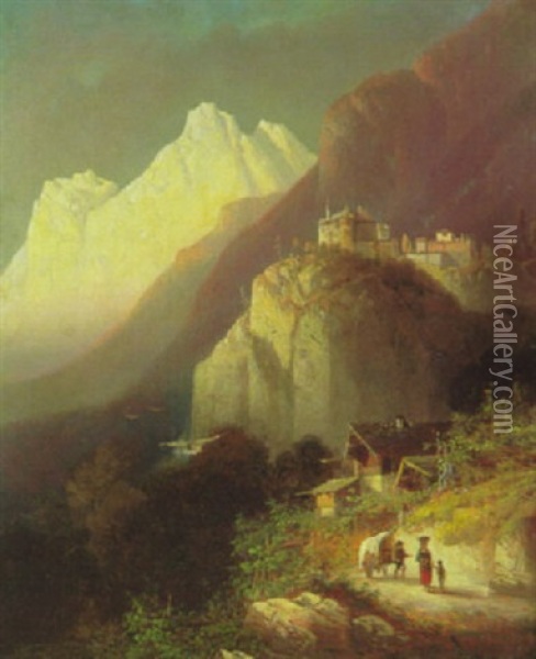 Schlos In Sudtirol (schlos Und Dorf Tirol?) Oil Painting - Ferdinand Feldhuetter