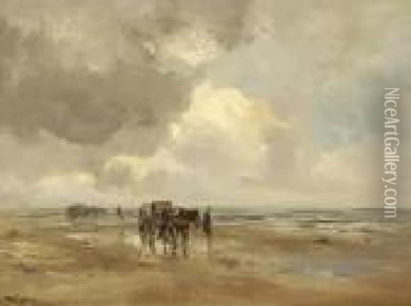 Man With Horse And Cart Onthe Beach Oil Painting - Willem George Fred. Jansen