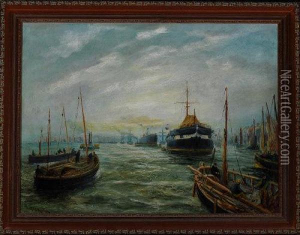 The Training Ship Wellesley And Other Shipping In North Shields Harbour Oil Painting - Bernard Benedict Hemy