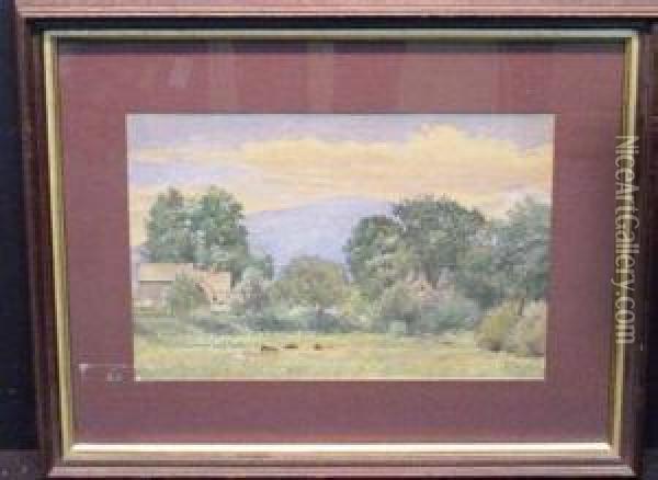 Farmhouse With Mountains In The Distance Oil Painting - Daniel F. Wentworth