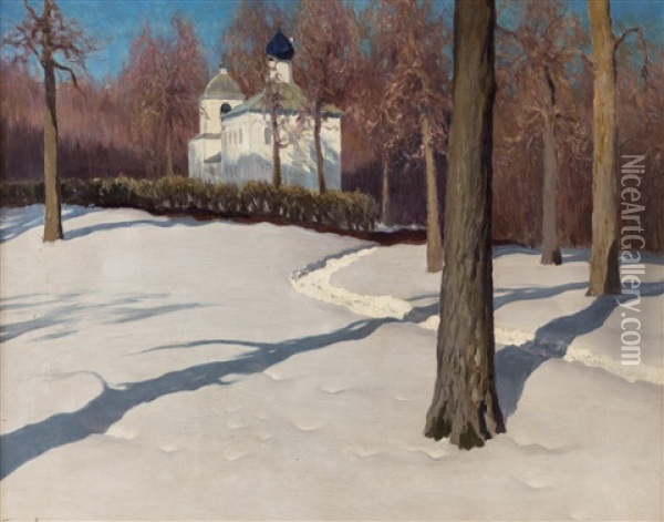 Snow Path To The Church Oil Painting - Mikhail Guermacheff