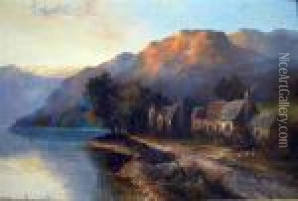 A Loch Scene With Cottages In The Foreground Oil Painting - William Langley