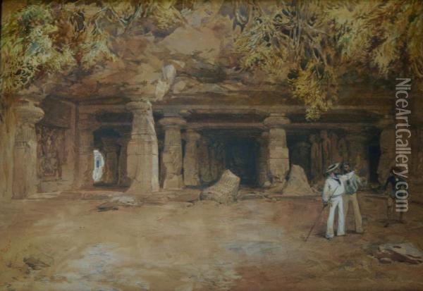 Temple Of Elephanta Near Bombay Oil Painting - William Simpson