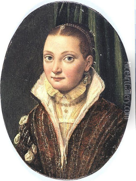 Portrait Of Sofonisba Anguissola, Half Length, Wearing A Red Doublet Over A Cream Shirt, With Blue Pearl-drop Earings Oil Painting - Lucia Anguissola