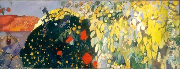 Paisaje Enmarcado Por Grandes Arboles. Al Fondo, Una Montana (Landscape With Trees And Mountains In Background) Oil Painting - Joaquin Miro