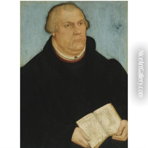 Portrait Of Martin Luther In A Black Robe, Holding A Prayer Book Oil Painting - Lucas Cranach the Younger