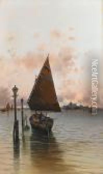 A Fishing Boat On The Venetian Lagoon With Santa Maria Della Salute In The Distance Oil Painting - Salvatore Petruolo